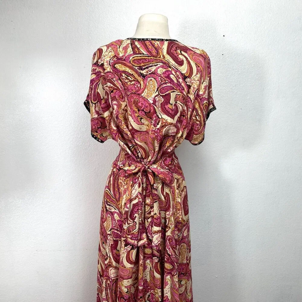 Vintage Zoe Womans Maxi Dress Large  Rayon Crepe Pink Paisley Boho Peasant Y2K